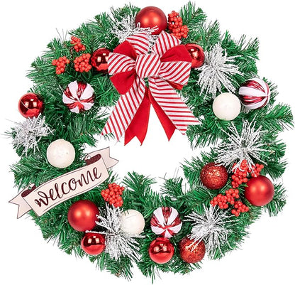 Christmas Wreaths for Front Door Outside Decor, 20" Peppermint Candy Ball Ornaments Pine Branches Winter Artificial Wreath Decorations with Bow Hanging Sign for Xmas Home Door Wall Window Fireplace