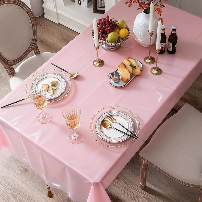 6 Packs Light Pink Tablecloths 54 x 108 Inch Disposable Plastic Pink Table Cloths Waterproof Rectangle Table Covers for Girl Birthday Baby Shower Wedding Ice Cream Decoration