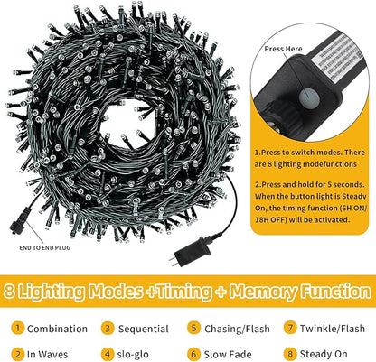 Chuya Christmas Tree Lights String Lights 500 LED 164FT Outdoor Indoor Decoration, Waterproof Warm White Fairy Light Christmas Lights End to End Connectable 8 Lighting Modes UL588