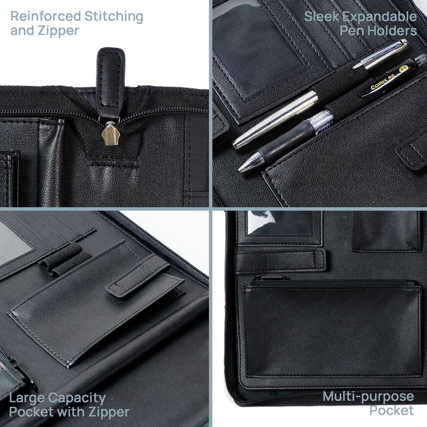 POPRUN Professional Zippered Portfolio Binder - Leather Padfolio Organizer with Notepad, Tablet Sleeve & Handles for Business, Meetings, Interviews, and Daily Office Use, Black