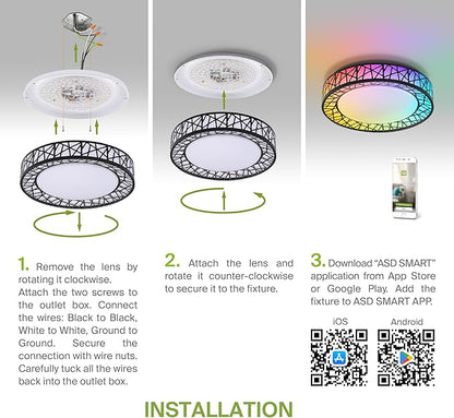 ASD 16 Inch Smart RGBW Flush Mount Ceiling Light with Remote - Matte Black 28W 120V 2700-6500K Dimmable Ceiling Light Fixture, WiFi App Control RGB Lights, Alexa & Google Assistant - ETL, 4 Pack