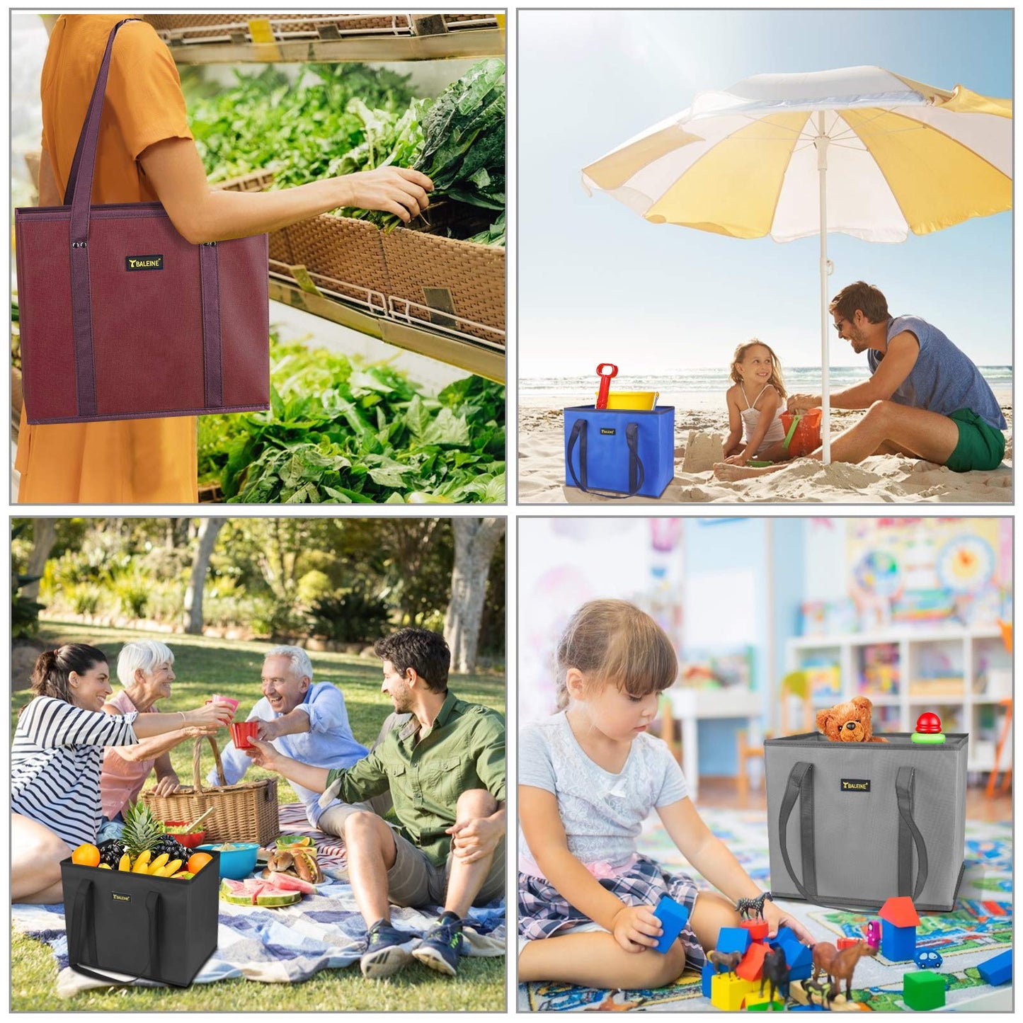 BALEINE 3Pk Reusable Grocery Bags, Foldable Shopping Bags for Groceries with Reinforced Bottom & Handles (Black)