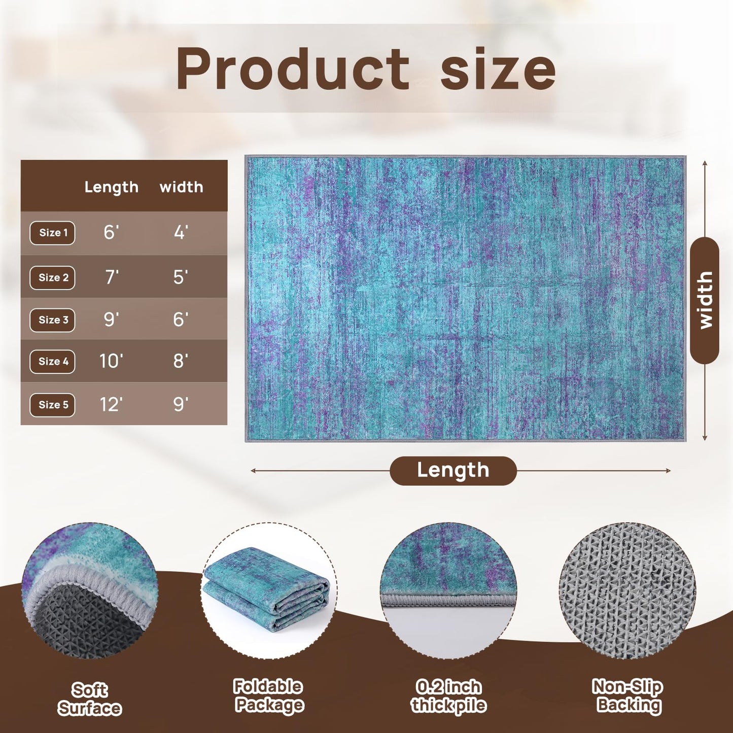 FLYRUGGO Abstract 5x7 Area Rug, Modern Teal Purple Throw Rugs for Living Room, Washable Soft Large Non-Slip Accent Carpet Floor Mat for Dining Room Office Bedroom - Teal+Purple