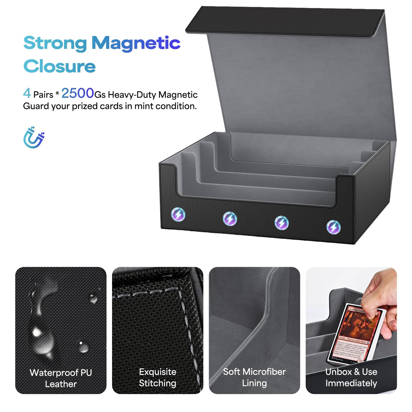 UAONO Trading Card Storage Box, Holds 1800 Sleeved Cards with 10 Dividers & 3 Stoppers, Magnetic Closure PU Leather Card Case for MTG, PTCG, YGO, Sports Cards (Black)