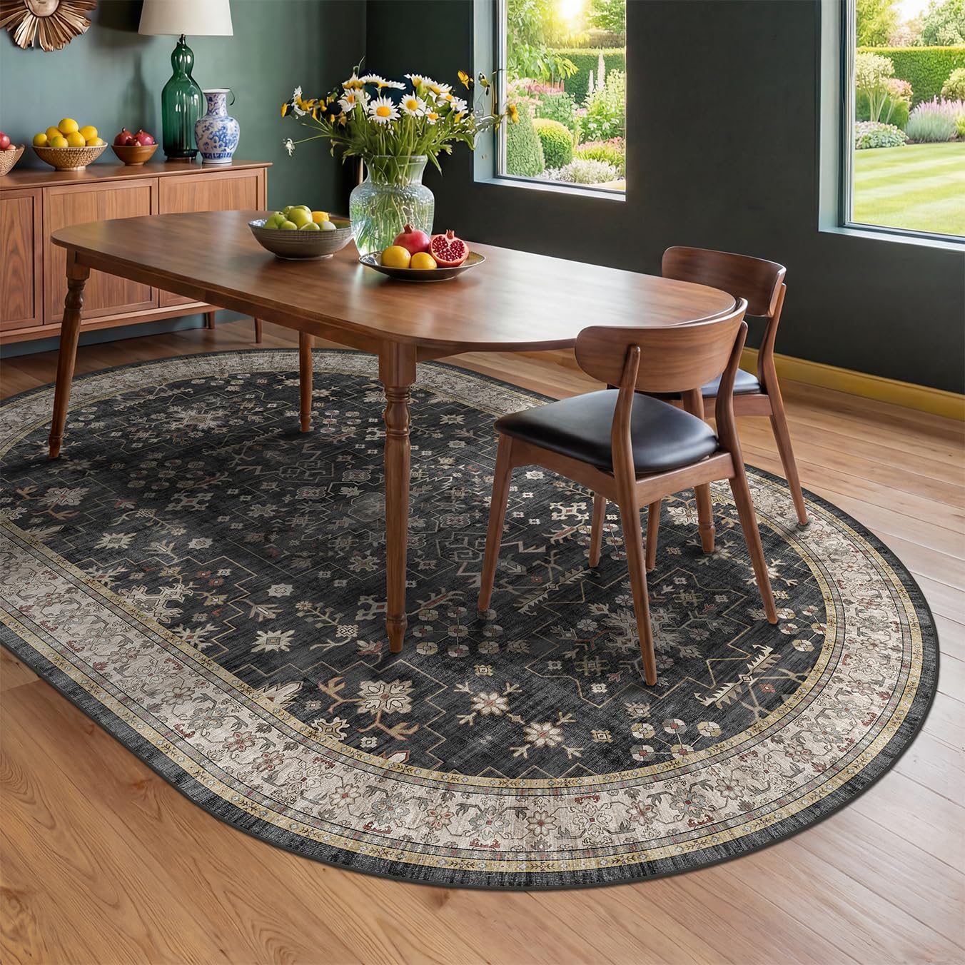 Washable Oval Rug 5x8 - Black Farmhouse Oval Area Rugs for Dining Room, Kitchen Table, Living Room, Bedroom, Reading Corner Rug, Dark Boho Floor Carpet Low Pile Non-Slip & Stain Resistant
