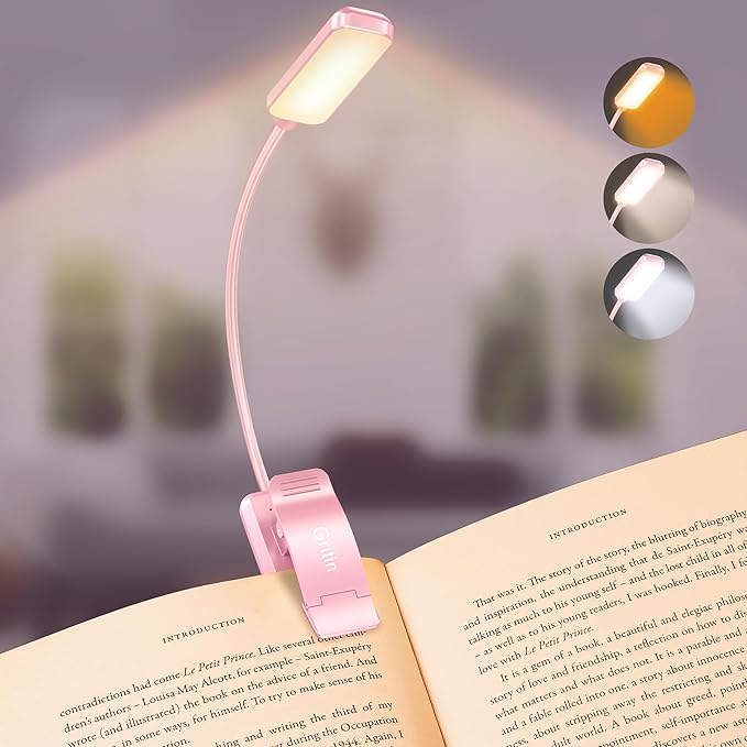 Gritin 9 LED Rechargeable Book Light for Reading in Bed - Eye Caring 3 Color Temperatures,Stepless Dimming Brightness,80 Hrs Runtime Small Lightweight Clip On Book Reading Light for Studying-Pink