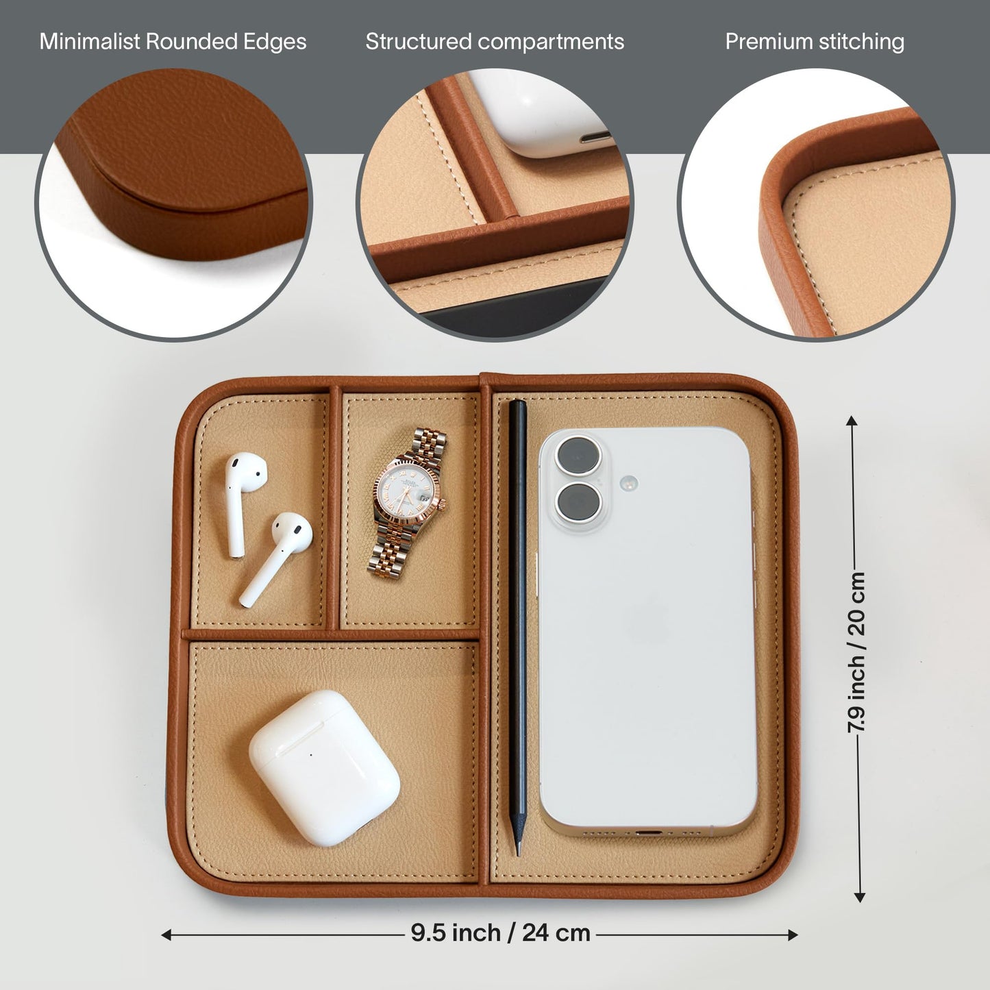 Nordik Leather Valet Tray - Sand Brown - 9.5 x 7.9 Inch Medium Vegan Leather Tray - Stylish Nightstand Organizer for Men - Modern Bedside Caddy - EDC Catchall for Key Watch Wallet Jewellery