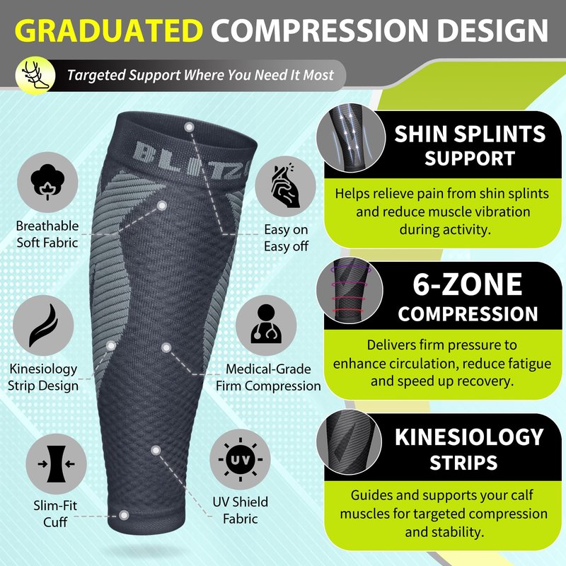BLITZU Calf Compression Sleeves for Men and Women. Footless Compression Socks Support for Varicose Vein, Nursing, Running. Leg Sleeve Brace for Shin Splints, Pain Relief & Reduces Swelling Gray S-M
