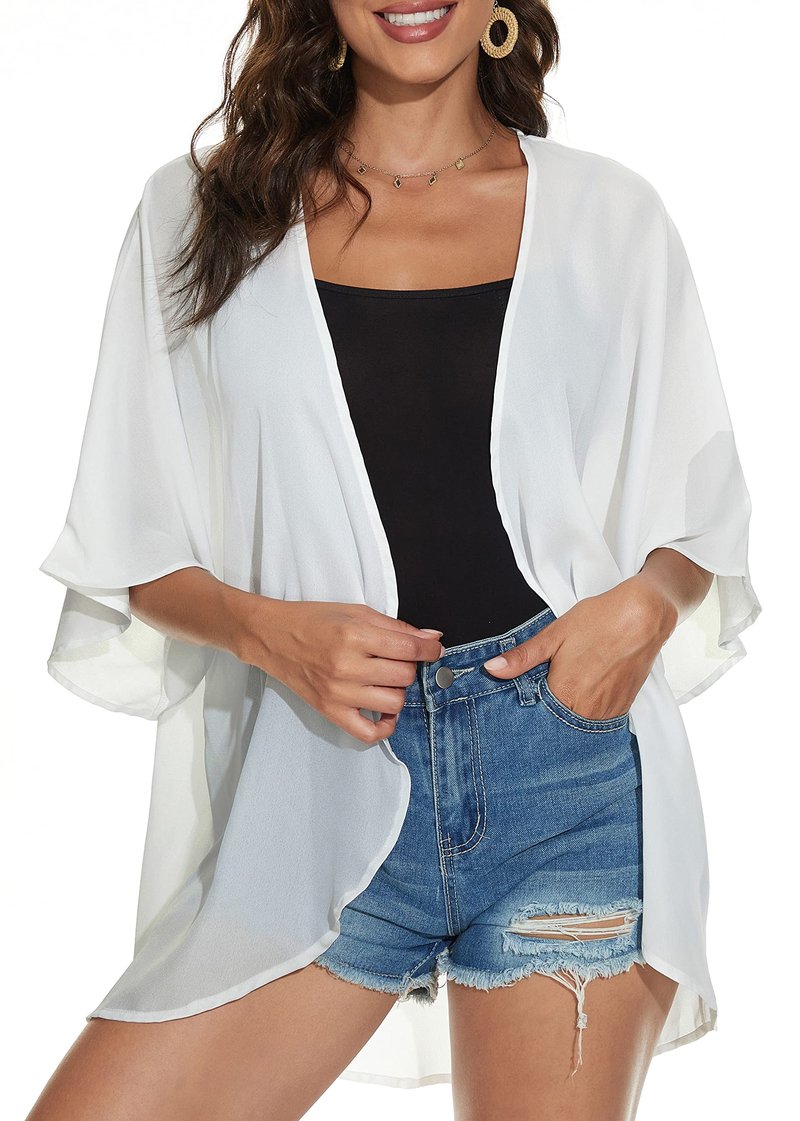 Women Summer Tops Kimono Cardigans Sheer Beach Cover Ups Chiffon Open Front Shirts （White,M