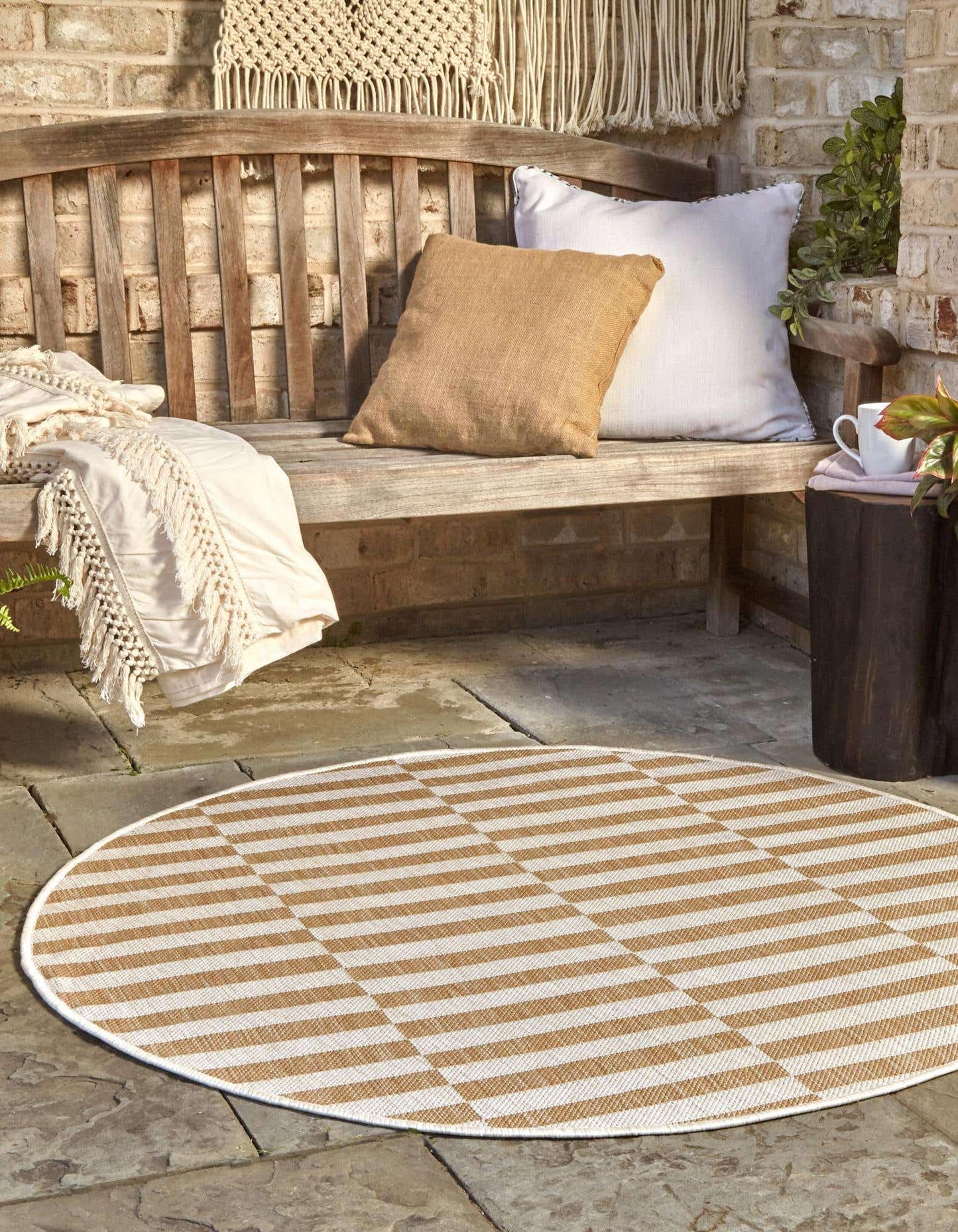 Unique Loom Outdoor Striped Collection Area Rug - Striped (5' 3" Round Taupe/Ivory)