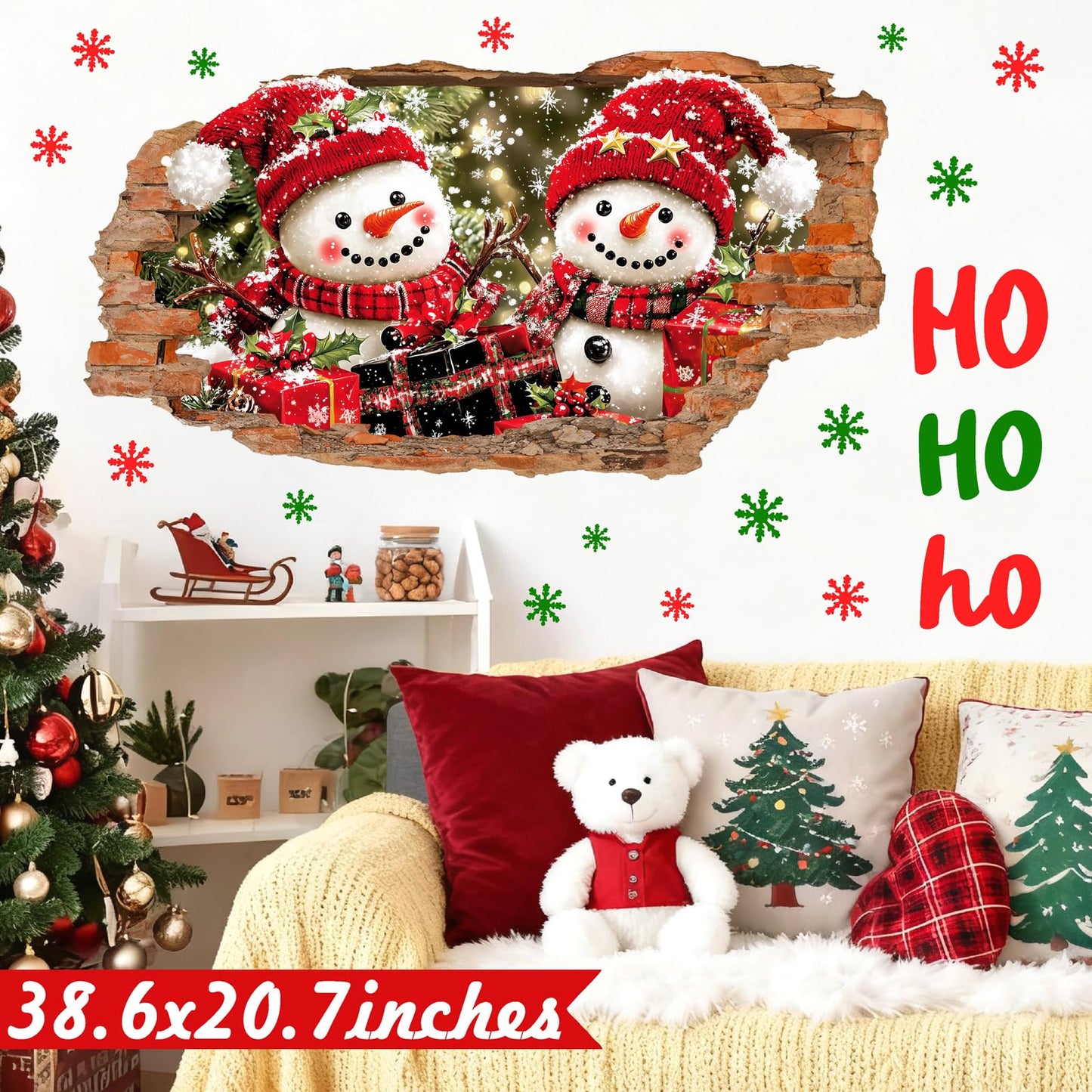 Christmas Wall Decoration Stickers Large Snowman Wall Decals Peel and Stick Xmas Indoor Home Office Decor 3D Winter Wall Sticker Merry Christmas Art Mural for 2026 New Year Holiday Kids Party Supplies