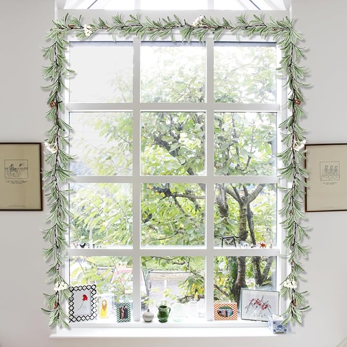 6ft Christmas Garland with Lights – Artificial Greenery Olive Garland with White Berries, Pinecones & Warm LED Fairy Lights – Holiday Garland for Home, Wedding, Party Decorations