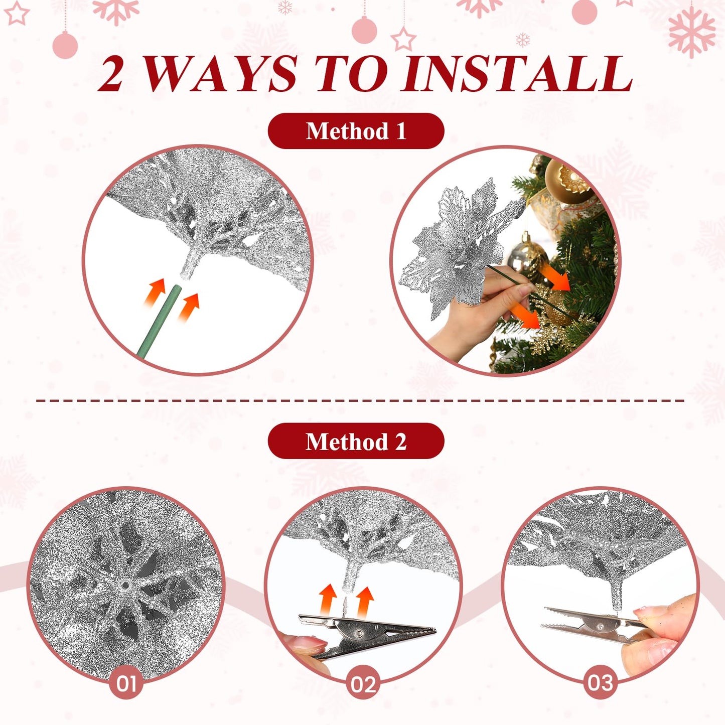 Alupssuc 24 PCS Christmas Tree Decorations, 12 PCS Poinsettia Flowers Artificial+6 PCS Glitter Holly Berry Stems+6 Berry Leaves Christmas Tree Picks for Party Wreath Fireplace, Red