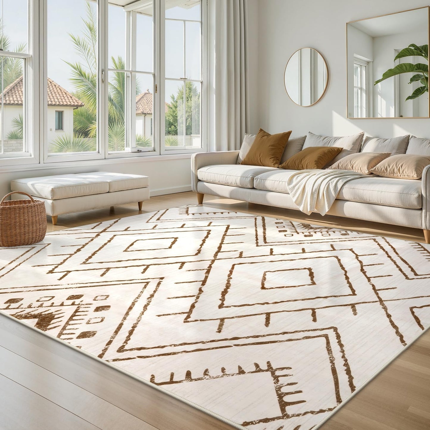LIVEBOX Moroccan 8x10 Area Rug, Beige Washable Rugs for Living Room Bedroom, Non Slip Western Tribal Rug Low Pile Geometric Large Area Rugs Diamond Carpet for Dining Room, Nursery Room, Playroom Boho