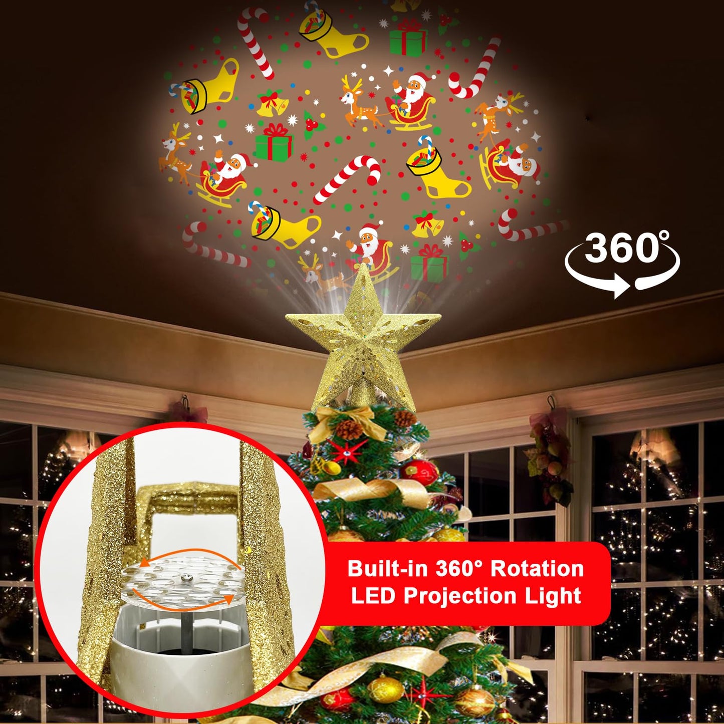 10" Christmas Tree Topper Star Lighted with 6 Projection Modes, Light Up Christmas Tree Topper Built-in LED Rotation Light, 3D Glitter Dynamic Projector Tree Top for Xmas Party Decorations Gift