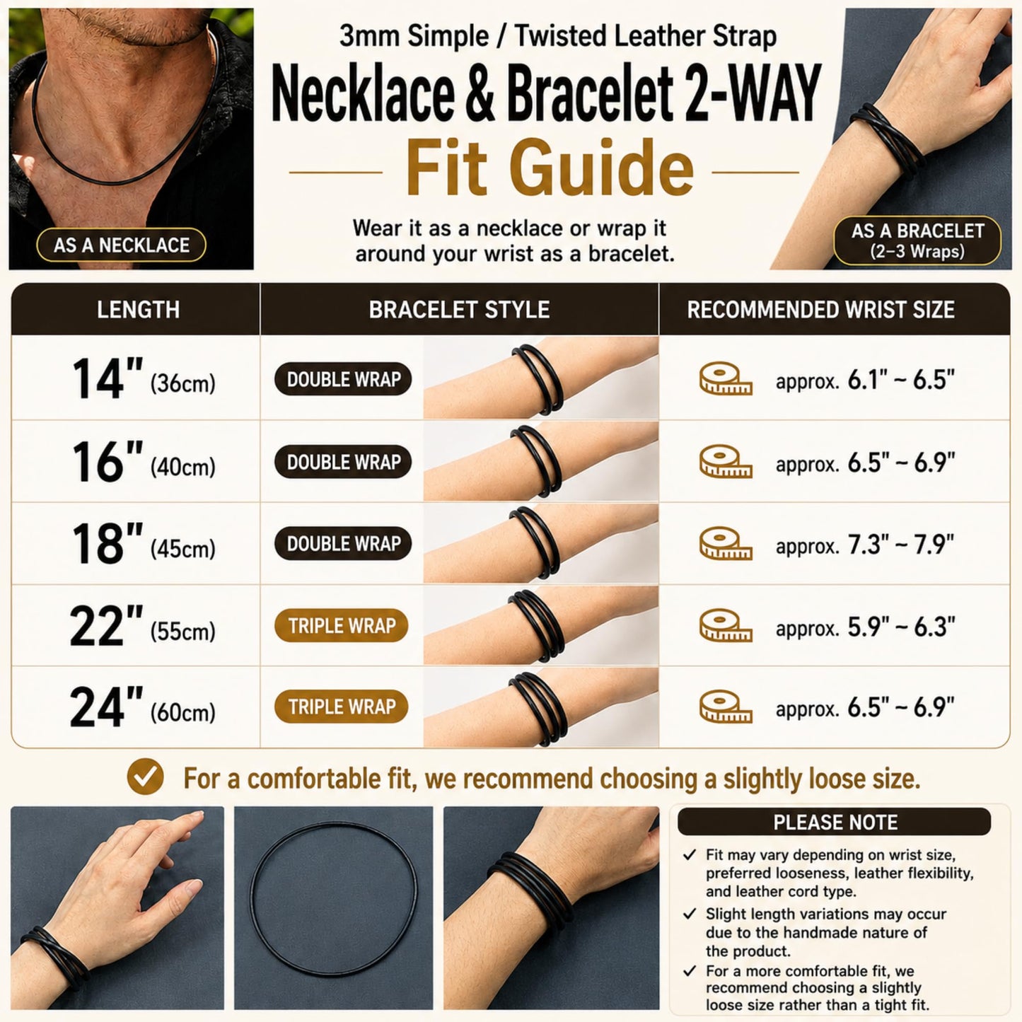 Leporem 2-WAY Genuine Black Leather Choker Necklace and Wrap Bracelet 18K Gold Plated Push-Lock Clasp Minimalist Multi-Wear Jewelry (Black, 14 Inch)