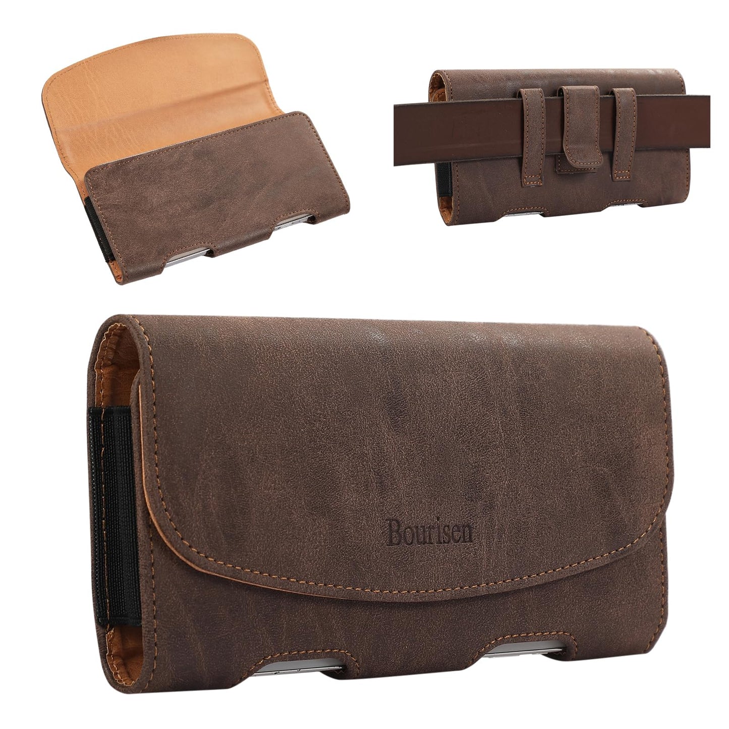 Bourisen Phone Holster Pouch Case Belt Clip Loops Faux Leather for Man for iPhone11/12/13/14/15/16/17Pro Max,14/15/16 Plus,11,17,17 Pro,Samsung S25 24 23 22 21 Plus(Brown&Yellow, L(6.9’’x3.4’’x0.8’))