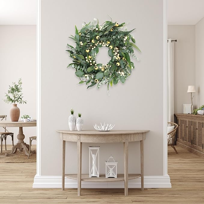 Wreaths for Front Door 22 Inch, All Season Greenery Wreath Olive Eucalyptus Leaves and White Mixed Berry for Indoor Outdoor Farmhouse Home Porch Wall Window Festival Wedding Decor