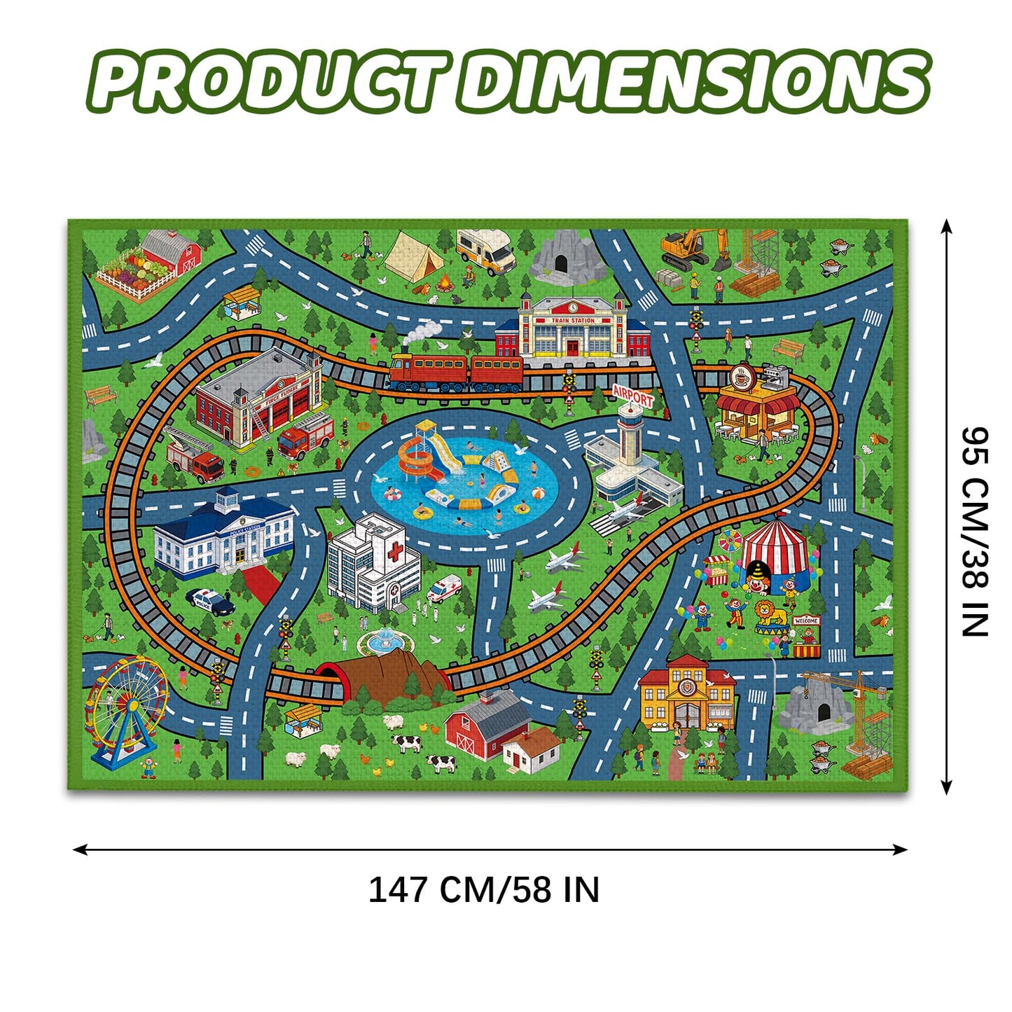 Rug Play Mat for Son, Non-Slip Train Track Map Carpet for Daughter Playroom Bedroom, Son Play Mat Track Road Rugs, 59x39.4 inch