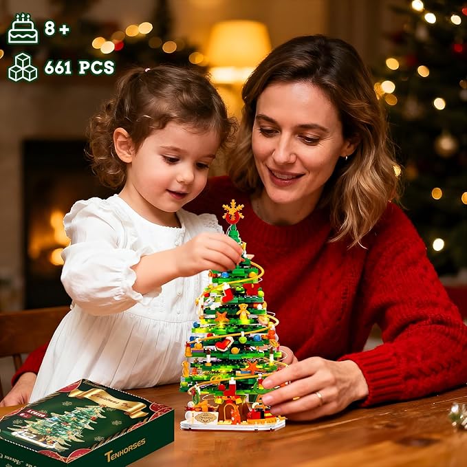 Christmas Tree with LED Light Building Blocks Compatible with Lego Christmas Ornaments Set for Tabletop Home Wreath Snowflake Xmas Decoration Stocking Stuffers Toy for Boys Girls Adults
