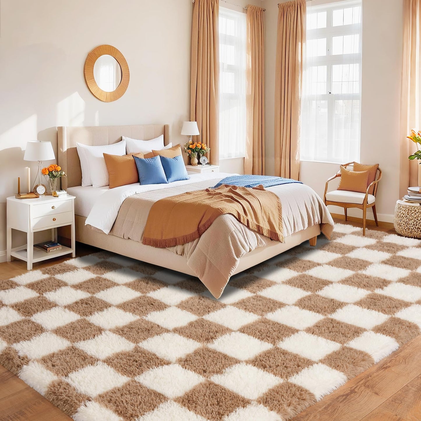 Pionblank 8x10 Area Rugs for Living Room, Fluffy Plush Checkered Rug for Bedroom, Shag Non Slip Soft Furry Large Carpet for Kids Room Nursery Home Decor, Beige and Cream White