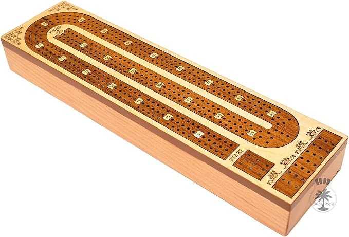 Palm Royal Handicrafts 3 Track Continuous Cribbage Wooden Cribbage Board Made with Maple Wood/Teak Wood and Storage Available for pegs and Cards