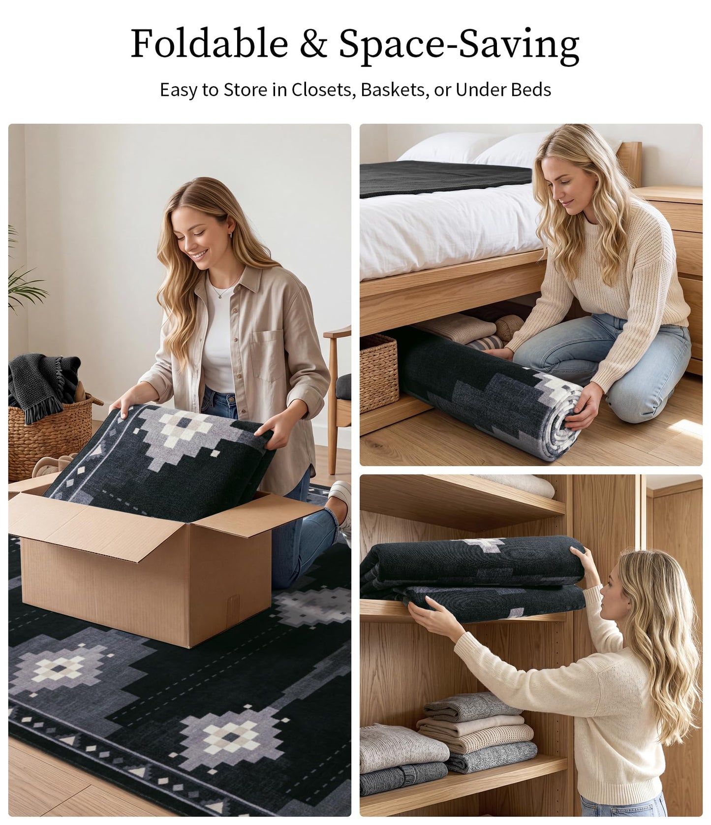 5'x7' Washable Area Rug for Living Room, Black and Grey Western Aztec Rug