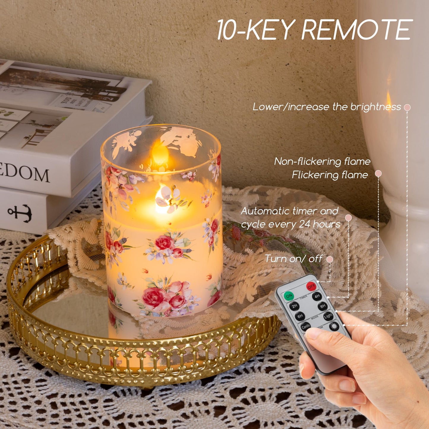 AFINETH Rose Flameless Candles Set of 3 – Glass Battery Operated Candles with Remote, Flickering Floral Flameless Candle for Wedding, Home, Party Gift