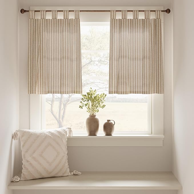 jinchan Tab Top Linen Kitchen Curtains 24 Inches Striped Tier Curtains Farmhouse Modern Cafe Style Small Window Treatments Airy Light Filtering Rod Pocket for Living Room Bathroom 2 Panels Tan