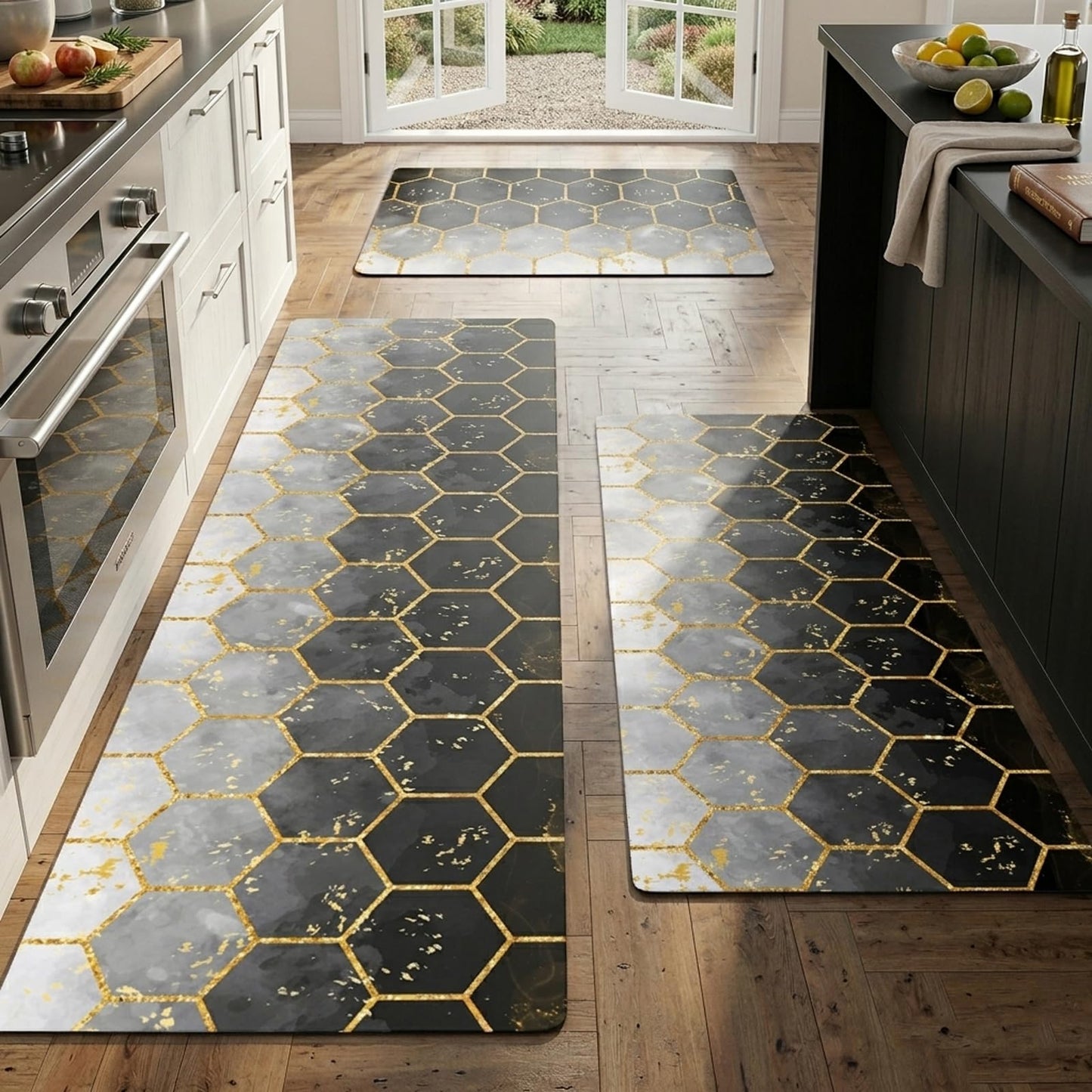 3-Piece Kitchen Rugs and Mats Set, Cushioned No-Slip Resistant Kitchen Mats for Floor, Luxury Gold Hexagon Geometric Comfort Floor Mats, Black Washable Runner Rug for Kitchen Sink, Laundry, Office