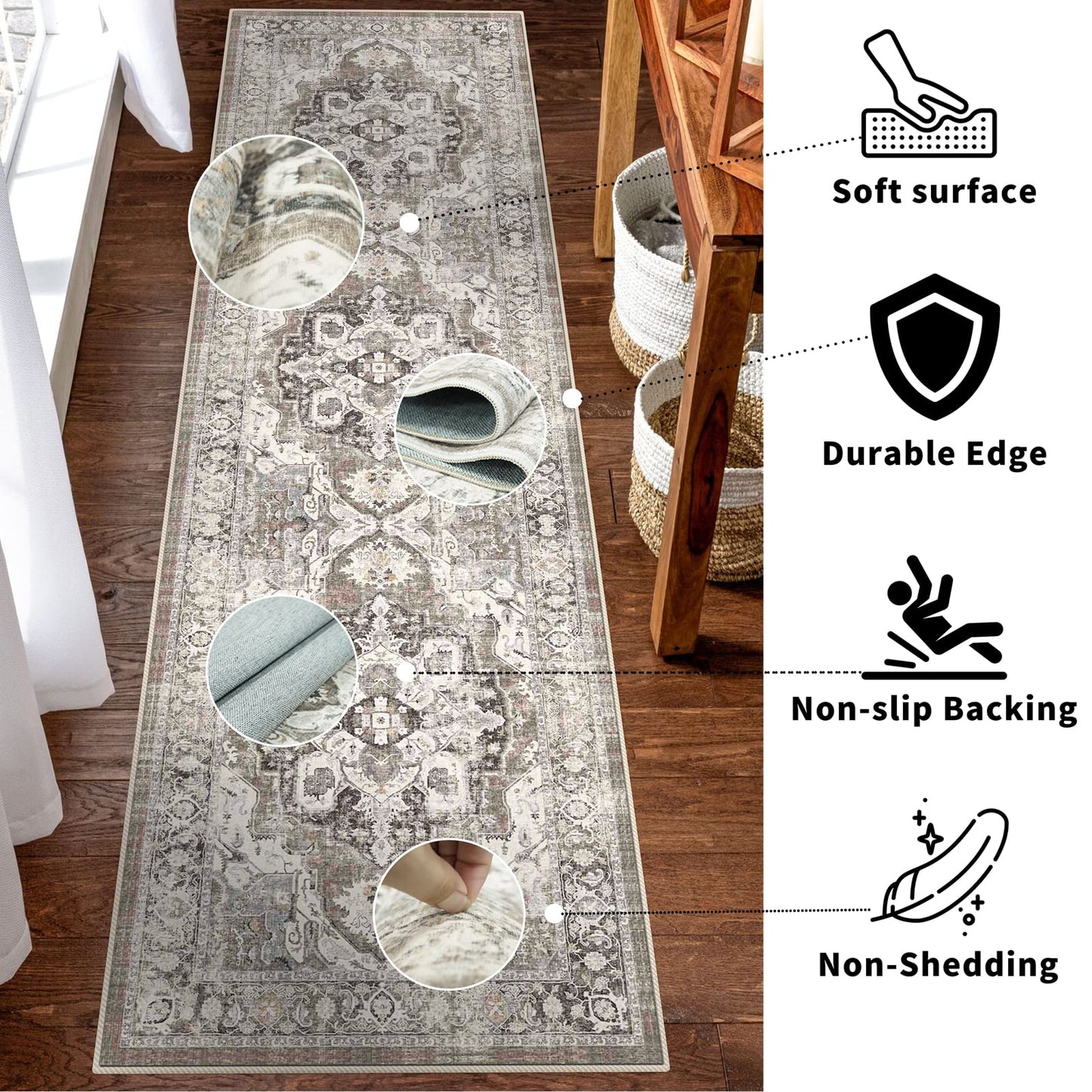 YOUFORTONG 2x12 Runner Rugs for Hallways Soft Kitchen Rug Non Slip Rug Runner with Rubber Backing Washable Non Shedding Farmhouse Runner Rug (Beige/Brown/Grey, 2X12)