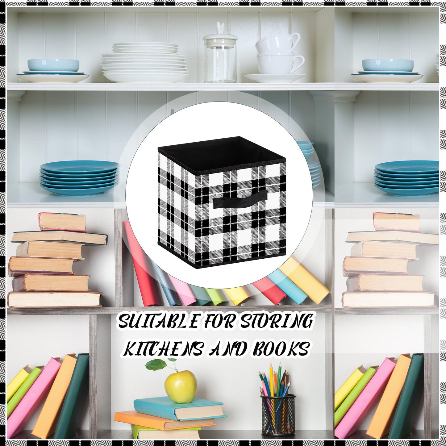Suzile 6 Pcs Buffalo Plaid Storage Bins Christmas 10'' Buffalo Plaid Foldable Fabric Storage Cube with Handles Christmas Basket Box Organizers for Toys Shelf Closet Home Gift(Black and White)