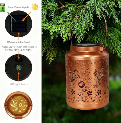 2 Pack Solar Lanterns Outdoor Garden Decor- Solar Lights Waterproof Hummingbird Decorative Gifts for Women Mom Grandma Hanging Metal Lights Gardening Gift for Outside for Yard, Patio, Backyard, Farm