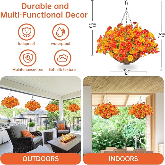 Florielle Artificial Hanging Faux Flowers Basket, Fake Silk Petunias Plants Arrangement,for Summer Fall Outdoor Decoration,UV Resistant, Morning Glorias,for Home Garden Decor (Orange&Yellow)