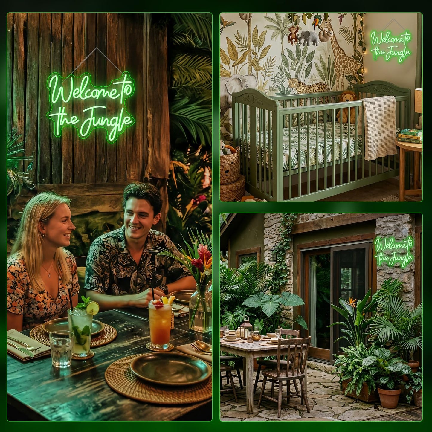 ineonlife Welcome to the Jungle Neon Sign Green Letter LED Neon Lights for Bedroom Wall Love Oh Baby for Room Decor Bar Party Wedding Engagement Wall Hanging Decor USB Powered Green USB Powerd 15.3x12.6in