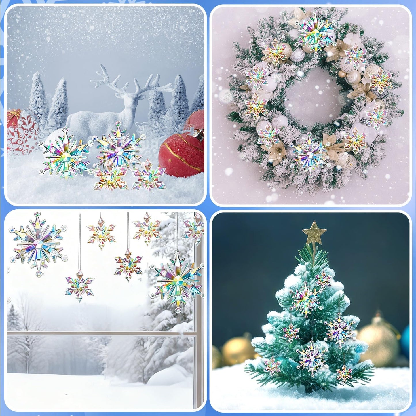 BOARDFEB 60Pcs Christmas Acrylic Snowflake Ornaments Winter 3D Translucent Snowflake Hanging Ornaments for Tree Crystal Iridescent Pendants with Rope for Holiday Party DIY Decor (Laser)