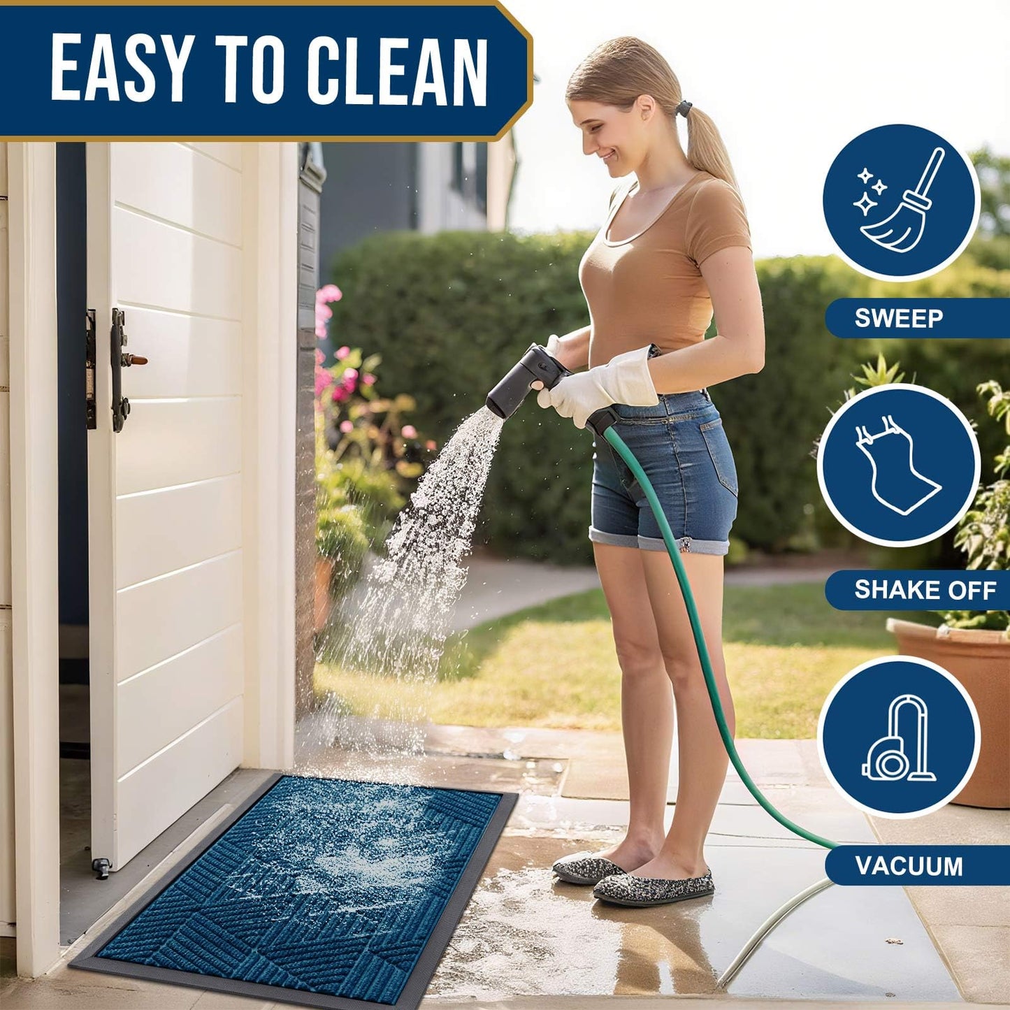 Kitinjoy Front Door Mat Outside Entrance, Sturdy Natural Dirt Trapper, Heavy Duty Rubber Doormat, Low Profile Non-Slip Backing, Easy Clean Floor Mat for Indoor Outdoor Entry, 47X32 Inch, Mixed Blue