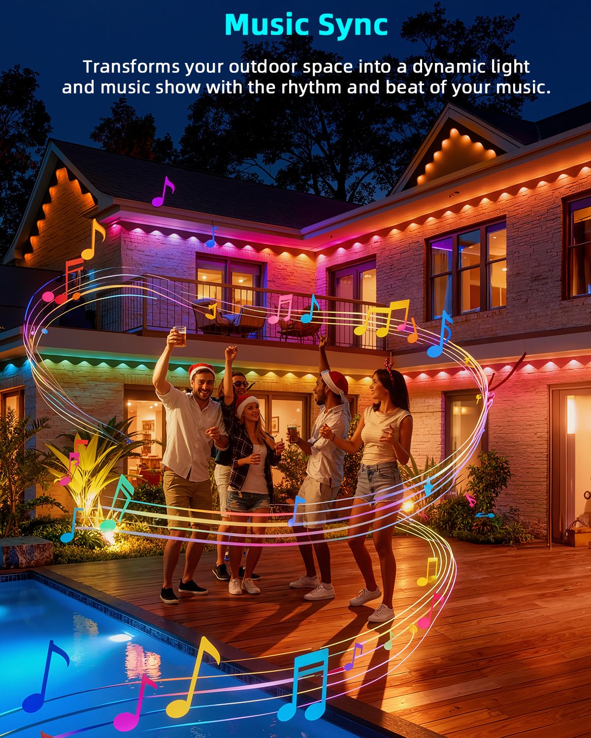 REYLAX Permanent Outdoor Lights Pro, 100ft with 72 Triple-LED 135lm, RGB+IC Smart Eaves Christmas Lights for House, IP67 Waterproof, Multi Scenes for Outdoor Decor, Works with Alexa, Google, Remote