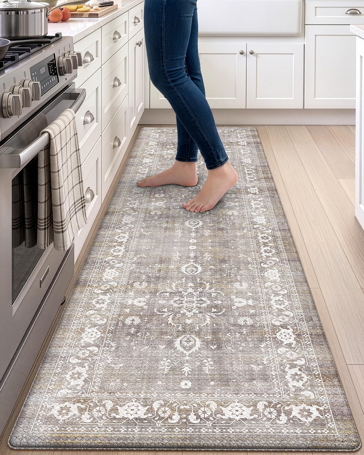DEXI Kitchen Floor Mats Cushioned Anti Fatigue, 23x86 Long Wide Standing Comfort Runner Rug, Waterproof Retro Floral Memory Foam Padded for Front Sink Laundry, Grey Floral