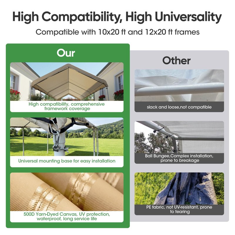 SIHAIAN 10 x 20 Ft Carport Replacement Canopy Cover(No Frame), Easy to Set up Carport Canopy, 500D Heavy-Duty Garage Top Tent Shelter Tarp Waterproof and UV Protected (Only Canopy Cover) Beige