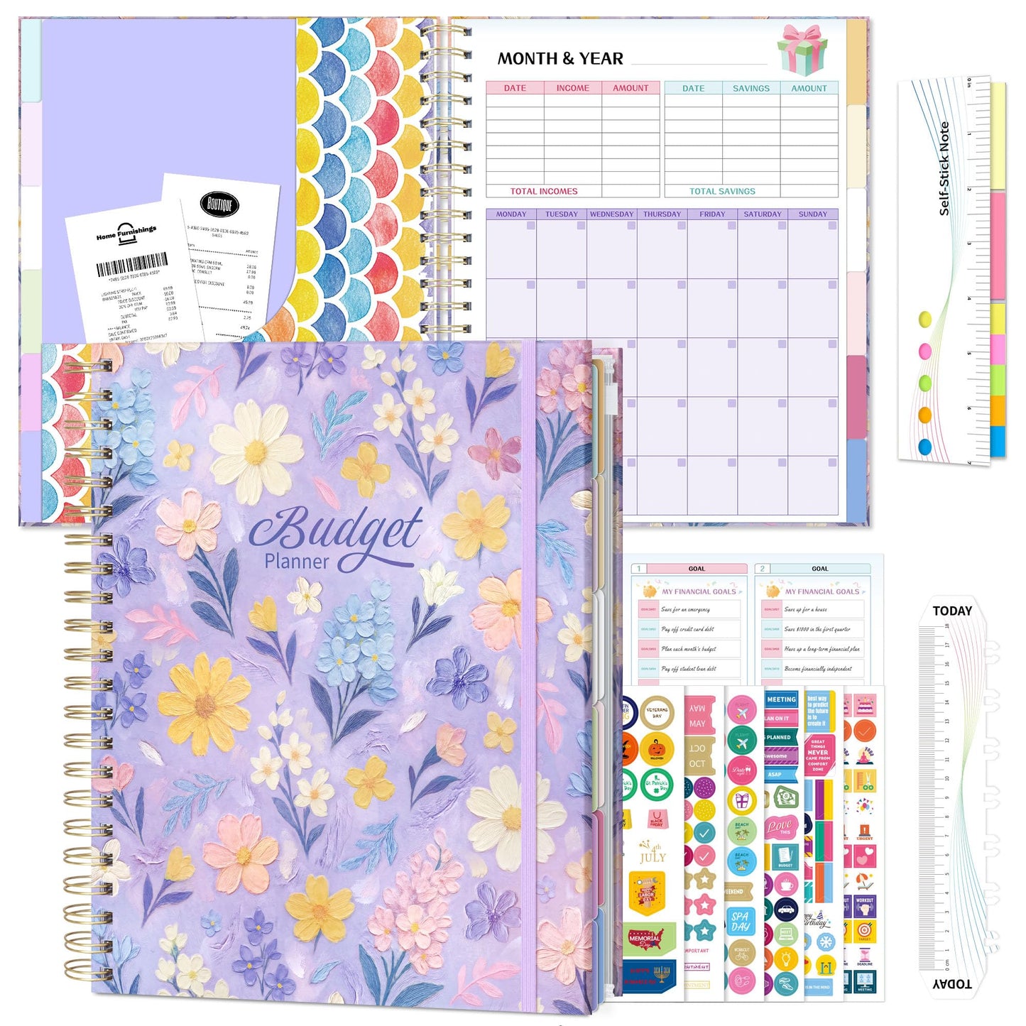 Ospelelf Budget Planner Undated, Money Expense Tracker with Pocket & Stickers, Thick Cardboard Cover, Large Pages for Spacious Writing, Original Fun Colorful Design, 12 Month Financial Notebook, Purple Floral
