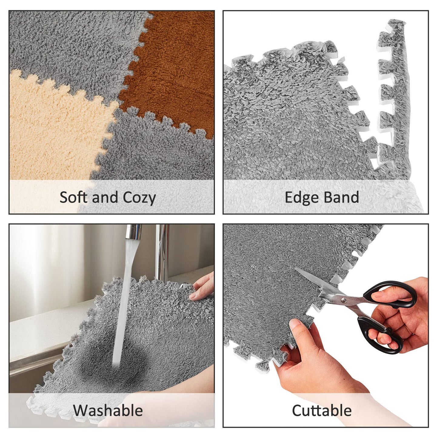 Amylove 36 Pack Plush Foam Floor Mat Square Interlocking Carpet Tiles with Border Fluffy Play Mat Floor Tiles Soft Climbing Rugs for Bedroom Playroom, 12 x 12 x 0.4 in(Apricot, Coffee, Gray)