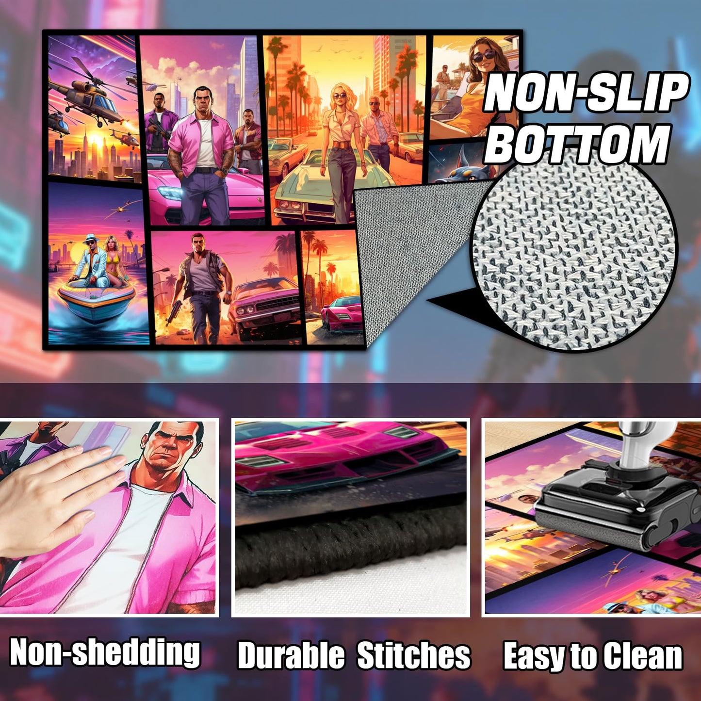 Gaming Area Rug Teen Boys Carpet, Non-Slip Comic Splicing Style Rug with Upgrade Rubber Backing, Stain Resistant Faux Wool Distressed Carpet for Game PlayRoom, Bedroom, Living Room (Autos, 79" x 59")