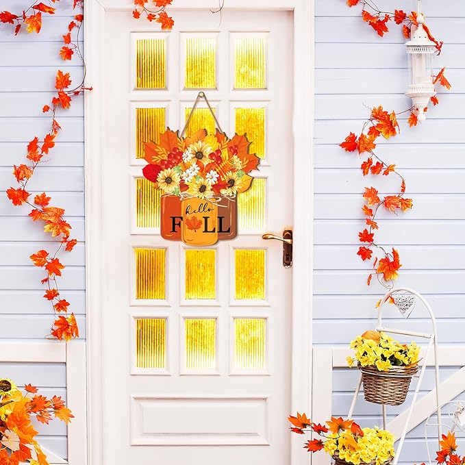 Newcotte Thanksgiving Wooden Sign Fall Decoration for Home Hello Fall Door Sign Farmhouse Maple Leaves Wall Hanging Decoration Door Hanger Wreath for Thanksgiving Autumn Porch Outdoor Home Decor
