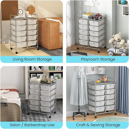Giantex 10 Drawers Rolling Cart, Classroom Organizers, Storage Cart with Wheels, for Teacher Office Home School Supplies Tool Craft Art Paper, Clear White