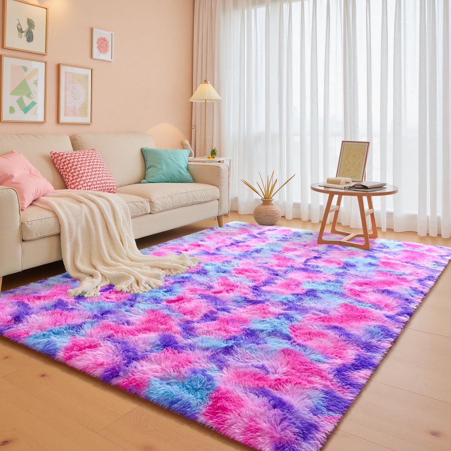junovo 4x6 Washable Area Rug for Girls Bedroom Living Room, Tie-Dyed Hot-Pink Soft Non-Slip Fluffy Rugs, Shag Plush Memory Foam Carpet for Kids Room Baby Nursery Home Decor