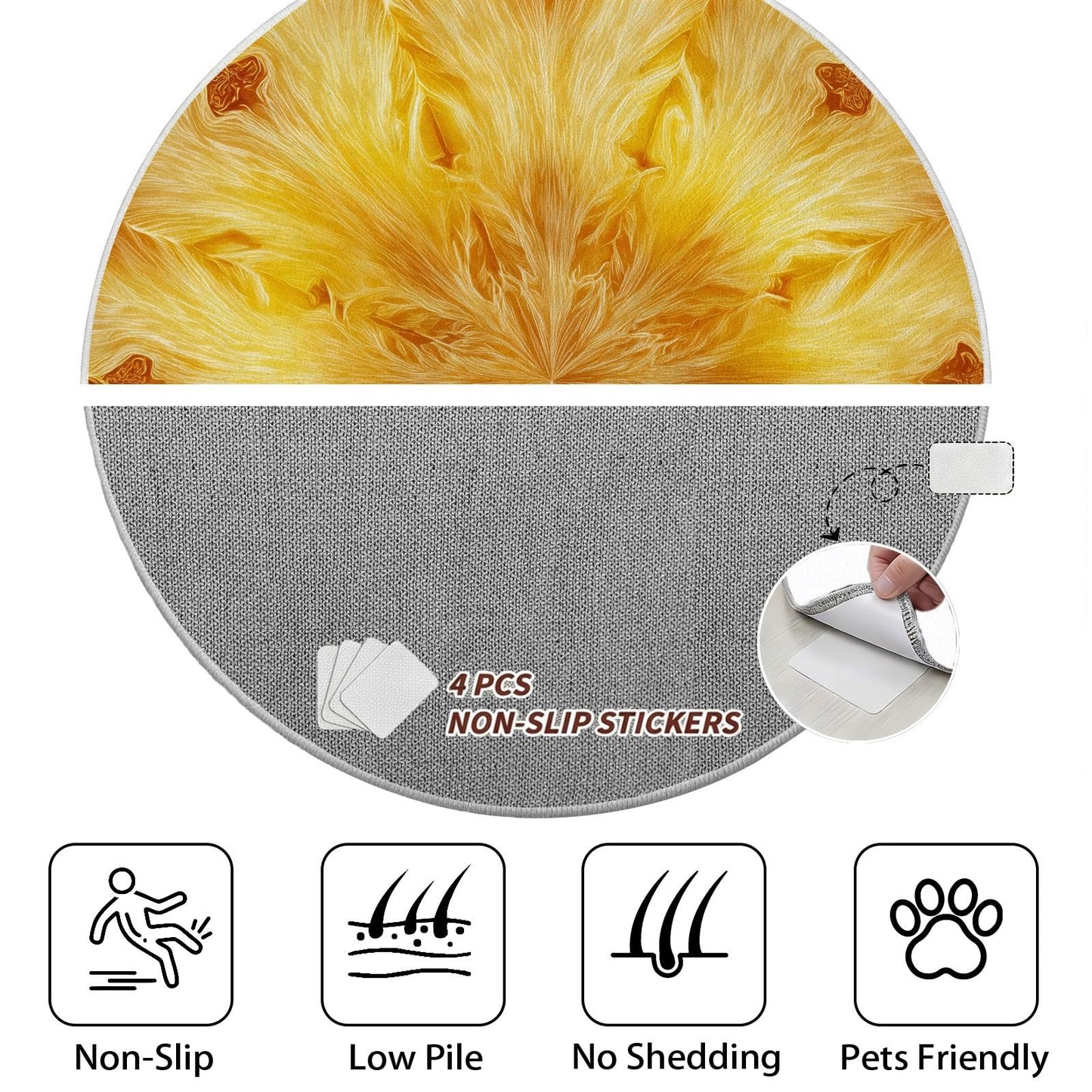 Round Rugs for Living Room, Bright Golden Yellow Circular Carpet with Abstract Sunburst Mandala Design, Washable Anti-Slip Soft Floor Mat, Indoor Home Decor Flower Rugs Under Coffee Table 4 ft