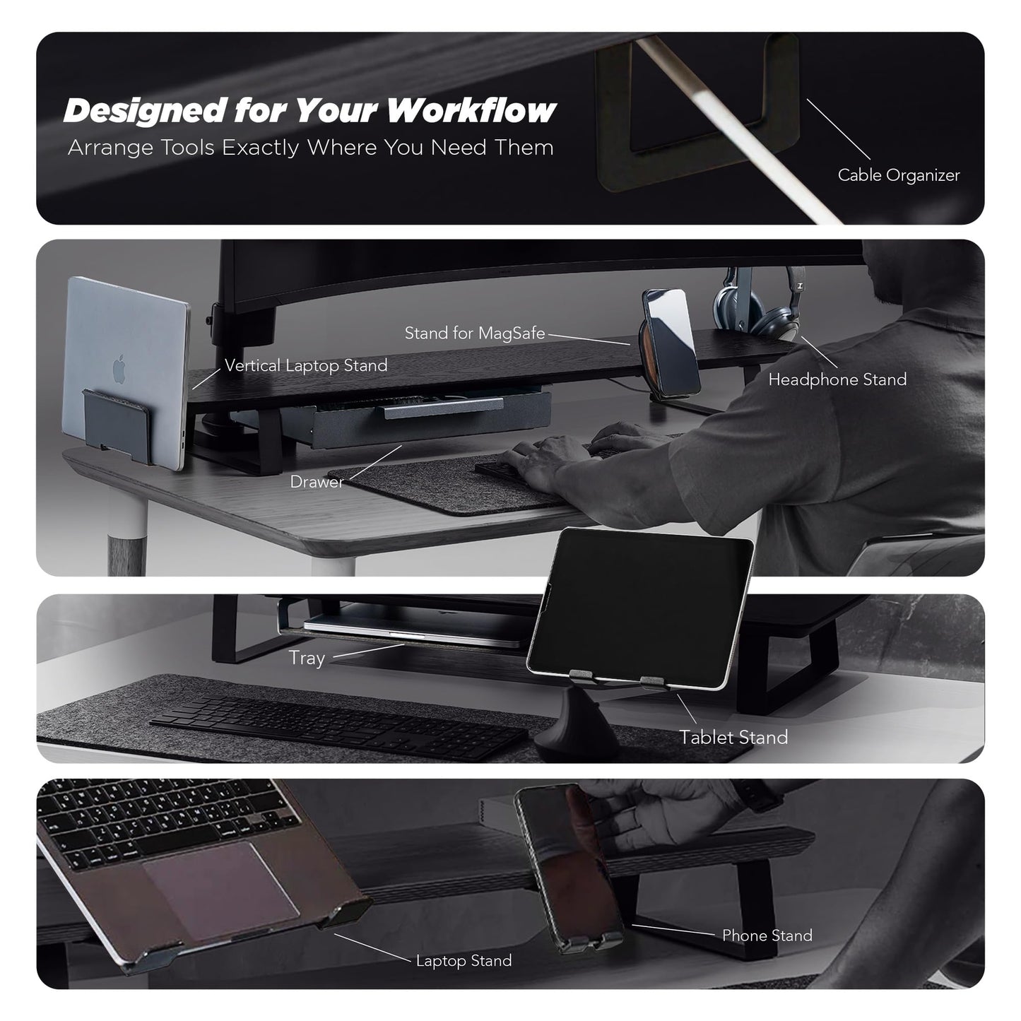 ULTRARM Moodular Wooden Monitor Stand 45.6” (116cm) Large Desk Organizer with Metal Slide Rails for Drawer, Tray, Laptop, Tablet, Phone & Headphones Customizable Riser for Organized Workspace Black