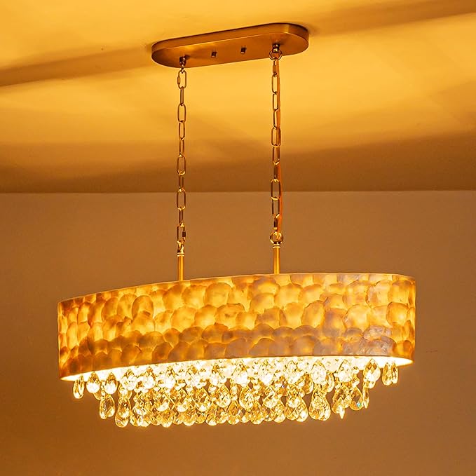6-Lights Oval Capiz Shell Crystal Linear Chandeliers, Coastal Design Light Fixture for Dining Room, Kitchen Island, L32xW12xH19~65 Inch(Adjustable), Shell Lampshade & Brass Finish