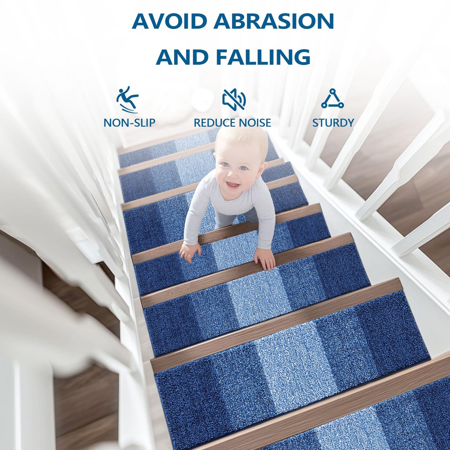 OLANLY Stair Treads Non Slip 15PCS, 8" x 30" Indoor Stair Runners for Wooden Steps, Edging Stair Rugs with Reusable Peel and Stick Adhesive for Kids Elders and Pets, Navy